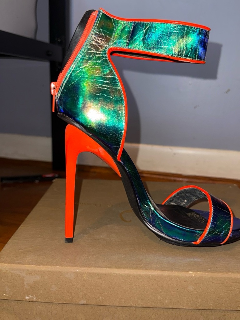 Privileged Iridescent Green & Bright Orange Ankle-Strap Heels